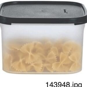 Transparent container with black lid holding bow-tie pasta.
